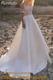 Boho Satin Off The Shoulder Wedding Dresses Princess O-Neck A-Line Lace Appliques Illusion Back With Button Bridal Gowns