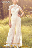 Lace Jumpsuit Wedding Dresses 2023 High Neck Short Sleeve Tulle Ivory Long Pants Bridal Gown With Pockets Button Back