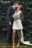 White 2 IN 1 Wedding Dresses Boho Large Bow V Neck Robe De Mariee Short Bridal Gown with Long Detachable Skirt For Bride
