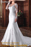 NICEB Mermaid Wedding Dress 2023 Illusion Back Vestido De Noiva Long Sleeve Beads O Neck Lace Appliques Bride Bridal Gown