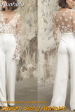 Long Sleeve Jumpsuit Wedding Dresses 2023 Lace Appliques V-Neck Bridal Gown With Pants Sexy Illusion Tulle Custom Made