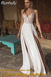 Lace Appliqué Sweep Train Wedding Dress For Women Sexy A-Line Split Spaghetti Backless V-Neck Bridal Gown Robe De Mariée