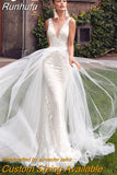 V-Neck Mermaid Wedding Dress Detachable Train 2023 Boho Lace Appliques Bridal Gown For Bride Backless Robe De Mariée