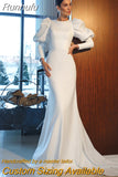 O-Neck Satin Mermaid Wedding Dresses Puff Sleeve Sweep Train Bridal Gown Robe de mariée