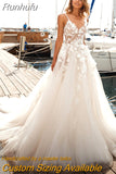 Applique 3D Flowers Backless Wedding Dresses Off the Shoulder V-neck Straps Court Train Tulle Bridal Gowns