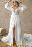 Sweetheart Beach A-Line Wedding Dresses Long Puff Sleeves Side Slit Sweep Train Bridal Gowns Custom Size Robe de