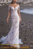 Long Sleeves Mermaid Tulle Wedding Dress Elegant V-Neck Lace Appliques Illusion Back With Button Bridal Gown Custom Made