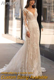 Lace Mermaid Wedding Dress Long Sleeve V-Neck Sexy Illusion Back Bridal Gown Sexy Deep V Neck Vestidos De Novia Modernos