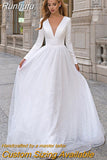 NICEB Glitter Tulle Wedding Dress Bride Party Long Sleeve V-Neck Satin Bridal Gowns Vestidos De Noiva Mariage Custom Made