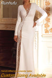 Lace Beading Satin Full Sleeve Wedding Long Dresses For Woman Shiny Tassel Side Splt Button Open Back Vestidos De Novia