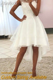 Vestido De Noiva Simple Lace Short Wedding Dress 2023 Boho High Front Low Back Beach Bridal Gown Beaded Appliques Organza