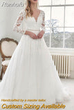 NICEB Long Sleeve Appliques Wedding Dress For Women V Neck Lace robe de mariée bohème Bride Tulle Train Custom Made