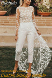 Sexy Tulle Wedding Jumpsuit With Sweep Train Elegant Long Sleeves Scoop Neck Lace Appliques Open Back Pants Suits For Bride