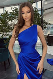 Pretty Mermaid One Shoulder Black Slit Satin Party Dresses Formal Summer Wedding Guest Dresses Wedding Guest Outfits HZ1214