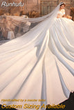 Luxury Satin Wedding Dress With Court Train Elegant Boat Neck Princess Wedding Gown plus size custom made Vestido De Noiva