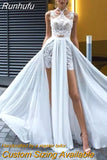 Sexy Side Split Halter Wedding Dress A-Line Sleeveless Lace Appliques Backless Sweep Train Chiffon Bridal Gown