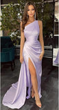 Pretty Mermaid One Shoulder Black Slit Satin Party Dresses Formal Summer Wedding Guest Dresses Wedding Guest Outfits HZ1214
