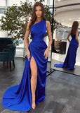 Pretty Mermaid One Shoulder Black Slit Satin Party Dresses Formal Summer Wedding Guest Dresses Wedding Guest Outfits HZ1214