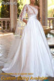 Boho Wedding Dress Vintage Fashion Elegant Ladies A-Line Lace Backless Bridal Dress with Applique Straps Silk Satin Robe De