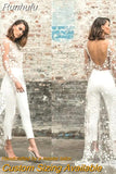 Sexy Tulle Wedding Jumpsuit With Sweep Train Elegant Long Sleeves Scoop Neck Lace Appliques Open Back Pants Suits For Bride