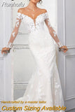 Off The Shoulder Wedding Dresses V-Neck Tulle Lace Appliques Mermaid Bride Gowns Button Zipper Train Vestidos De Noiva