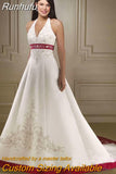 Ivory and Royal Blue A Line Wedding Dresses Halter Neck Embroidery beading Court Train Lace Up Bridal Gowns Custom Made 925