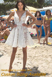 Beach Wedding Dress Lace A Line Mini Vestido de novia Deep V Neck Elegant Boho Bride Dresses Open Back White Custom Made