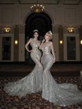 Sexy Wedding Dress Mermaid Sequin Beads Long Silver Wedding Dresses Bride Dress Bridal Gowns HZ1214