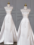 Modest Wedding Dress Sheath Strapless Satin Beads Long Summer Wedding Dresses Bridal Gowns HZ1214