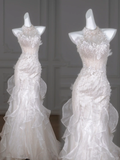 Rustic Wedding Dress Mermaid High Neck White Lace Tulle Long Wedding Dresses Bridal Gowns HZ1214