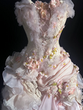 Modest Ball Gown Strapless Pink Chiffon Floral Long Prom Dress Party Dress Graduation Dresses Sweet 16 Dress HZ1214