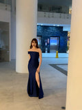 Pretty Mermaid Off The Shoulder Navy Blue Slit Evening Party Dresses Formal Summer Wedding Guest Dresses Wedding Guest Outfits HZ1214