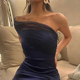 Elegant Sheath One Shoulder Navy Blue Slit Satin Prom Dresses Formal Summer Wedding Guest Dresses Wedding Guest Outfits HZ1214