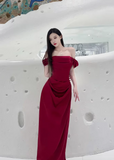 Elegant Mermaid Off The Shoulder Burgundy Satin Prom Dresses Formal Summer Wedding Guest Dresses Wedding Guest Outfits HZ1214