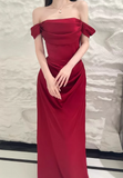 Elegant Mermaid Off The Shoulder Burgundy Satin Prom Dresses Formal Summer Wedding Guest Dresses Wedding Guest Outfits HZ1214