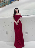 Elegant Mermaid Off The Shoulder Burgundy Satin Prom Dresses Formal Summer Wedding Guest Dresses Wedding Guest Outfits HZ1214