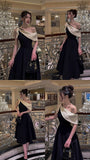 Gorgeous A line One Shoulder Black Satin Prom Dresses Formal Summer Wedding Guest Dresses Wedding Guest Outfits HZ1214