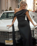 Gorgeous Sheath One Shoulder Black Satin Prom Dresses Formal Summer Wedding Guest Dresses Wedding Guest Outfits HZ1214
