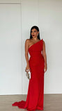 Simple Sheath Strapless Red Satin Prom Dresses Formal Summer Wedding Guest Dresses Wedding Guest Outfits HZ1214