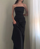 Simple Sheath Strapless Sleeveless Black Satin Prom Dresses Formal Summer Wedding Guest Dresses Wedding Guest Outfits HZ1214