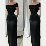 Sexy A line Off The Shoulder Black Satin Prom Dresses Formal Summer Wedding Guest Dresses Wedding Guest Outfits HZ1214