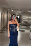 Elegant Mermaid Navy Blue Sequin Prom Dresses Formal Summer Wedding Guest Dress Wedding Guest Outfits HZ1214