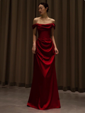 Elegant Mermaid Off The Shoulder Burgundy Satin Prom Dresses Formal Summer Wedding Guest Dresses Wedding Guest Outfits HZ1214