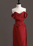 Elegant Sheath Off The Shoulder Red Satin Prom Dresses Formal Summer Wedding Guest Dresses Wedding Guest Outfits HZ1214