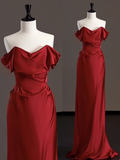Elegant Sheath Off The Shoulder Red Satin Prom Dresses Formal Summer Wedding Guest Dresses Wedding Guest Outfits HZ1214