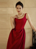 Elegant Sheath Square Neck Red Satin Prom Dresses Summer Wedding Guest Dresses Wedding Guest Outfits HZ1214