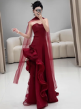 Gorgeous Sheath Strapless Burgundy Satin Prom Dresses Formal Summer Wedding Guest Dresses Wedding Guest Outfits With Scarf HZ1214