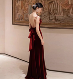 Elegant Sheath Spaghetti Straps Burgundy Velvet Prom Dresses Formal Summer Wedding Guest Dresses Wedding Guest Outfits HZ1214