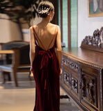 Elegant Sheath Spaghetti Straps Burgundy Velvet Prom Dresses Formal Summer Wedding Guest Dresses Wedding Guest Outfits HZ1214