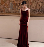 Elegant Sheath Spaghetti Straps Burgundy Velvet Prom Dresses Formal Summer Wedding Guest Dresses Wedding Guest Outfits HZ1214